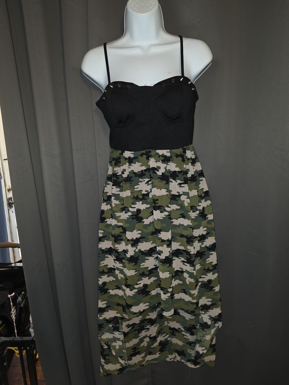 Black Camisole Top with Studs Green Camo Midi Bottom Dress